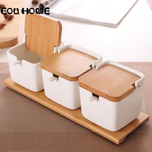 3Pcs Herb Spice Tools Spice Jars Salt Sugar Storage Jar with Wooden Lid Seasoning Bottle Ceramic Seasoning Jars Kitchen Tools