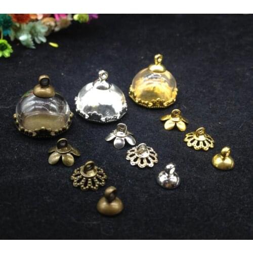 5ets/lot15mmClear empty glass globe bottle with bronze/silver/gold color crown base cap set glass vial pendant glass dome cover