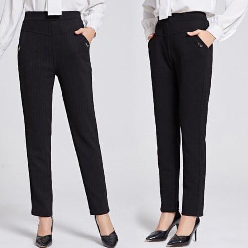 Middle-aged And Elderly Womens Pants Spring Autumn Casual Thicken Straight Pants Female Elastic Waist Stripe Trousers 4XL W2234
