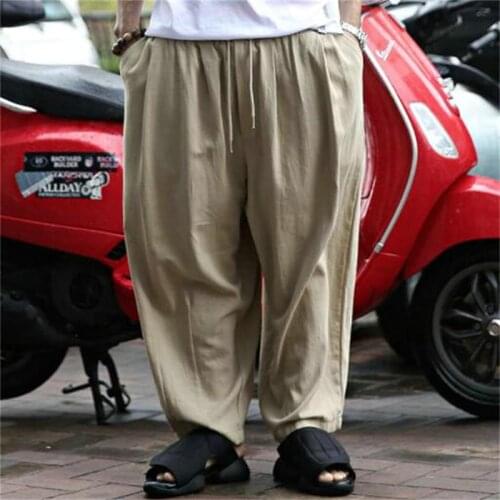 Summer mens new solid color lace up loose fashion cotton hemp wide leg pants big size popular Korean style thin straight pants