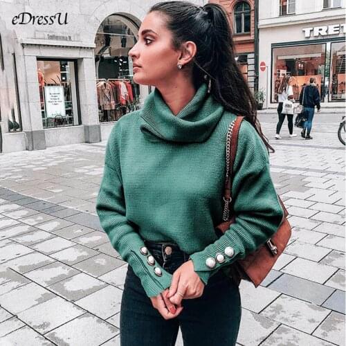2020 Turtleneck Women Pullover Oversize Sweater Buttons Female Jumper Plus Size Sweater Green Blue Casual Sweater Jumper MC-2918