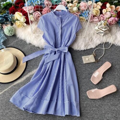 HISUMA 2021 summer new women chic striped stand collar chiffon dress female elegant lace-up waist A-line dresses