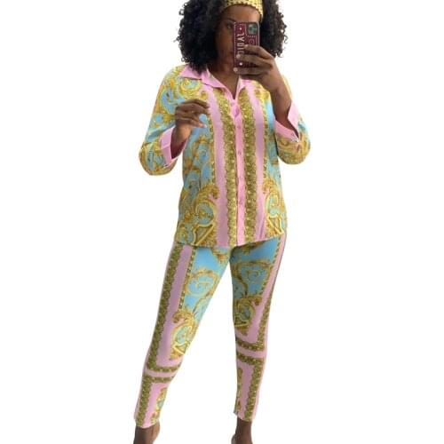 2 Piece Sets African Sets For Women 2021 New African Print Elastic Bazin Baggy Pants Rock Style Dashiki Famous Suit Lady Outfits