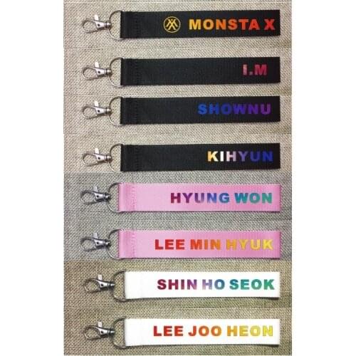 KPOP MONSTA X Keychain Korean Name Bar Phone Rope Hanging Hand Rope Keyboard Laser Lanyard Keyring Bag Pendant Accessories