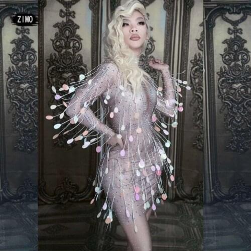 Colorful Sequins Tassel Rhinestone Sexy Dress Women Long Sleeve Women Celebrity Party Club short Dress Women Singer Stage Costum