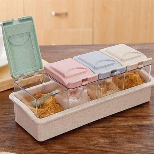 Creative Wheat Straw Seasoning Storage Box with Spoon Sugar Salt Container Kitchen Condiment Transparent Spice Jars Cooking Tool