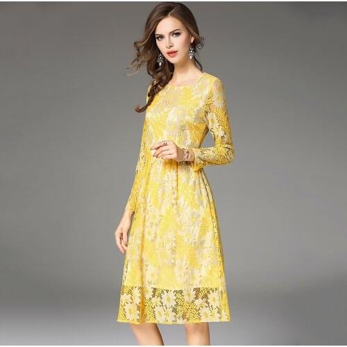 Autumn Elegant Ladies Lace Dresses Women Yellow Sexy Hollow Out Dress Long Sleeves Feminino Vestidos Plus Size 2XL Robes N611B