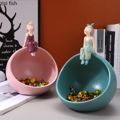 Resin Girl Storage Ornaments Statue Sculpture Figurines Decoration Crafts Candy Box Grocery Storage Box Key Plate Snack Tray