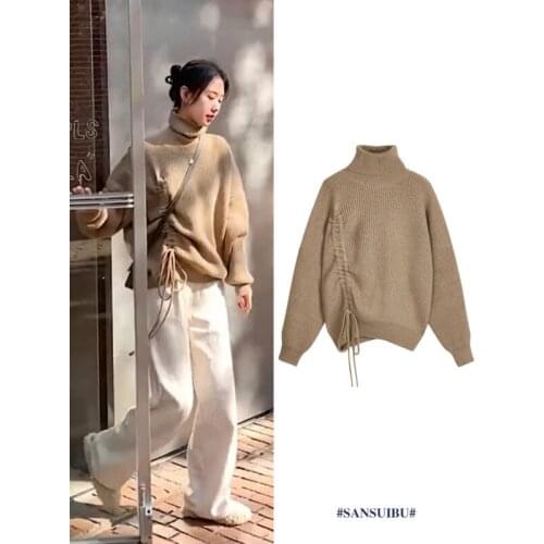 Fashion Temperament Turtleneck Sweater Loose Casual Side Drawstring Pleated Knitted Pullover Sweaters Spring Clothes Women 2021