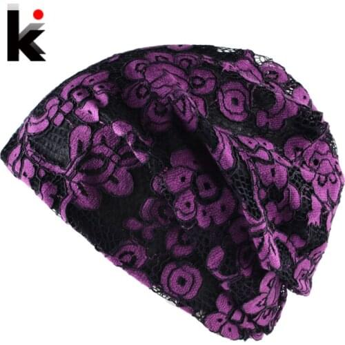 Spring Autumn Casual Turban Bonnet Caps Women Fashion Lace Flower Thin Beanies Hat For Ladies Sckullies E Gorros Mulheres Beanie