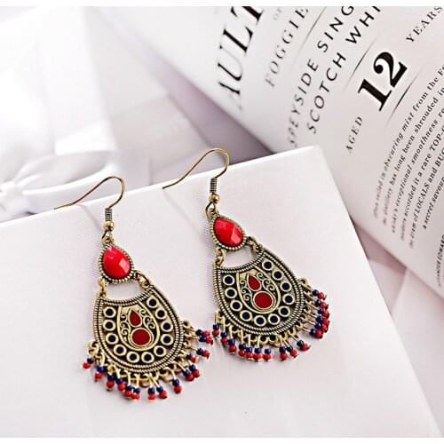 Vintage Tassel Red Beads Water Drop Earrings For Women Classic Boho Indian Gold Turkey Jewelry Bijoux