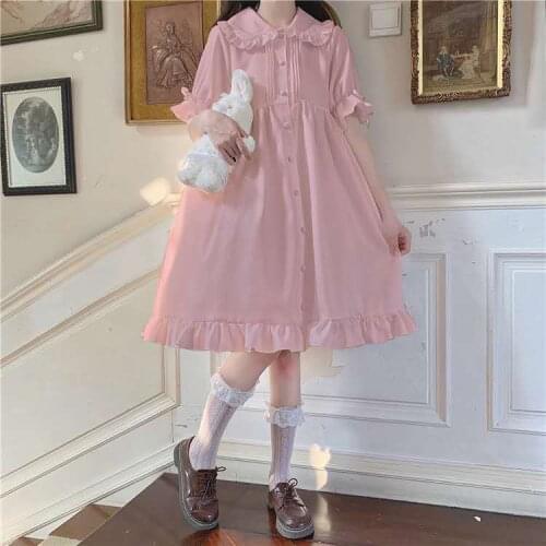 Japanese Sweet Girl Lolita Drees Kawaii Peter Pan Collar Cute Ruffle Puff Sleeve Drees Solid Color Elegant Retro Lady Drees