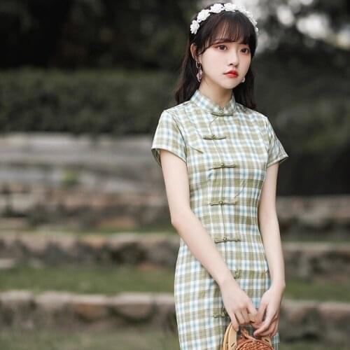 Green Plaid Chinese Dresses Classi Cotton Qipao Daily Dress Oriental Style Cheongsam Modern Qi Pao Chinese Qipao Sexy Dress