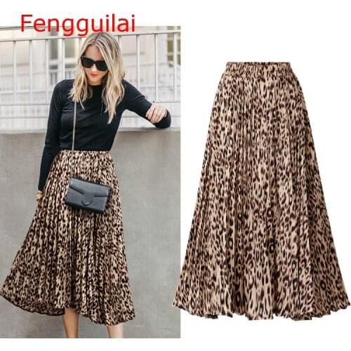 Plus Size Leopard Print Skirts Womens New Spring Autumn A Line Pleated Long Skirt Casual High Waist Maxi Skirts Woman Streetwear