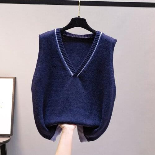 Women Sleeveless Knitwear Simple V Neck Sweater Vest Uniform Cable Knit Leisure Student Sweater Vests Female