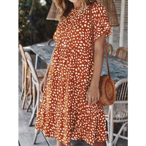 2021 spring and summer new womens dress with wave dot printing stitching lotus leaf sleeve design loose dress women