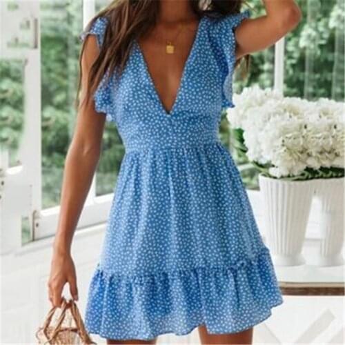 Women 2021 Summer Dress Dot Print Chiffon Beach Elegant Plus Size Ruffles Sleeveless Casual A-Line Sexy V-Neck Ruffle Mini Dress