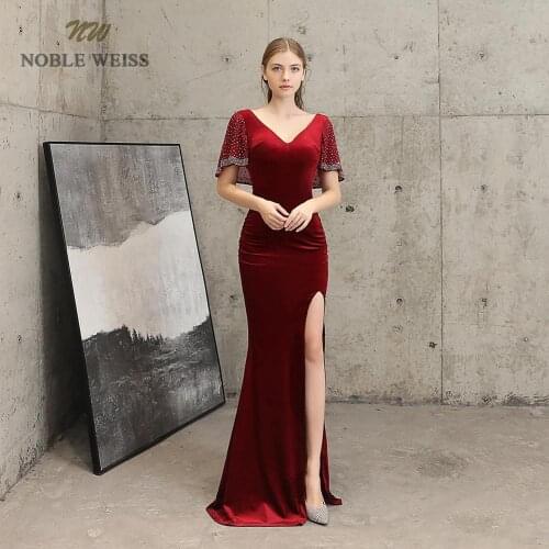 Prom dresses sexy v-neck mermaid dark red Prom dress split side floor length in stock evening gown