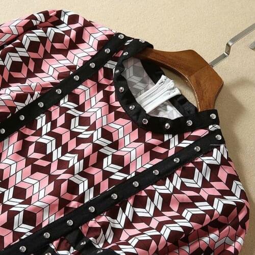 Vintage Boho O-Neck Lantern Sleeve Printed Mini Dress Women Runway Luxury Brand Beads Fashion Designer Bohemian Pleated Dresses