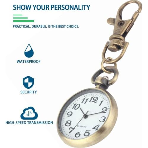 1pcs Retro Bronze Quartz Vintage Pocket Watch Movement Keychain Keyring Round Dial Key Chains
