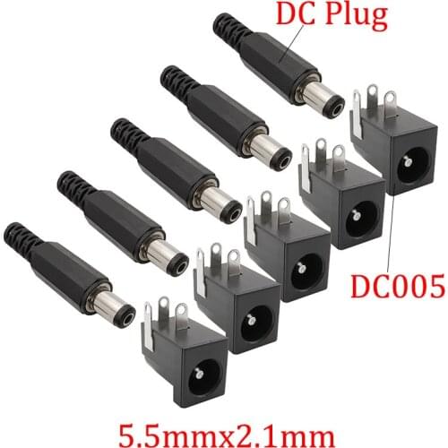 200Pcs 5.5x2.1mm DC Power Cable Male Plug Connector + DC-005 Power Jack Socket PCB Mount Round Needle Black DIY Electric Adapter