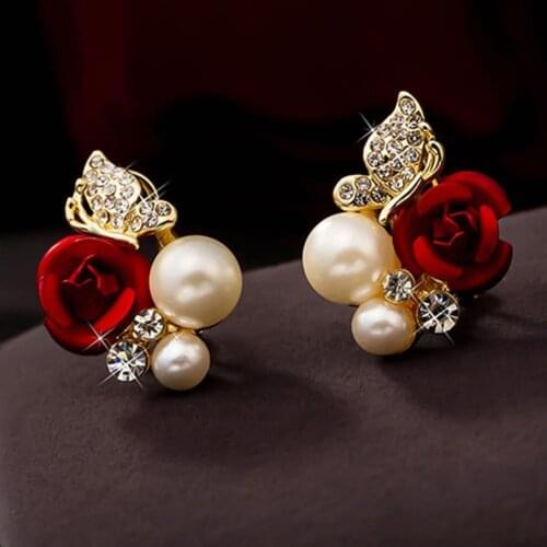2021 New Fashion Earrings Red Rose Flower Faux Pearl Decor Exquisite Alloy Ear Studs Jewelry Gift for Party Girlfriend Love