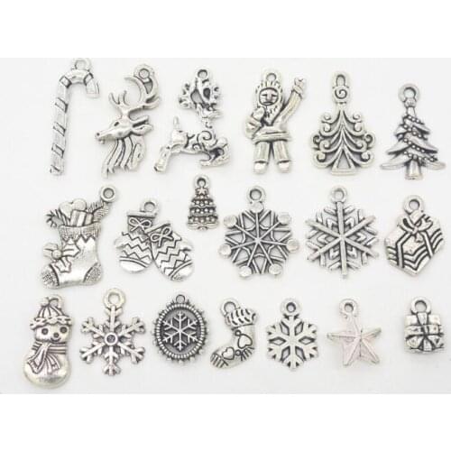 950pcs/50sets Mix Antique Silve Pendants Christmas Charms 19 Patterns Tree Santa Snowflake Stocking DIY Jewelry Making Finding