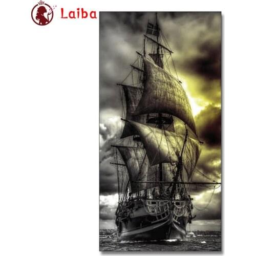 Diamond Mosaic Sea boat and sail black and white art round drill Cross Stitch Diamond Art Painting Full Square Decor For Home