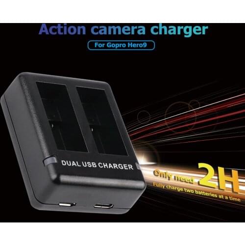 Black Dual Battery Charger w/ USB Type C + Micro USB Input Port Outdoor Sightseeing Accessories for GoPro Hero9