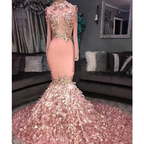 Elegant Long Sleeves 3D Floral Mermaid Pink Prom Dresses Black Girls Court Train Plus Size African Graduation Dress Evening Gown