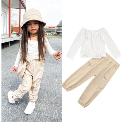 FOCUSNORM 1-6Y Fashion Autumn Kids Girls Clothes Sets 2pcs Solid Off Shoulder Long Sleeve T Shirts+Cargo Pants