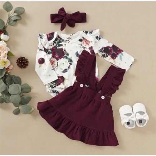 Newborn Baby Girl Clothes Set Floral Long Sleeve Bodysuit Romper Tops T Shirt Corduroy Suspender Skirts Bow Headband Autumn