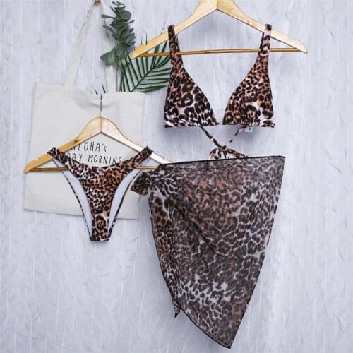 Leopard Bikini Three-pieces Bikini Set with Sarong 2021 New S-XL Female Halter Swimsuit Women Swimwear Bather Bathing Suit Swim