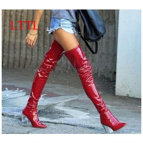 LTTL Real Picture 2016 Fashion Women Thigh High Boots 9cm Perspex High Heels Over the Knee Celebrity Shoes Clear Heels