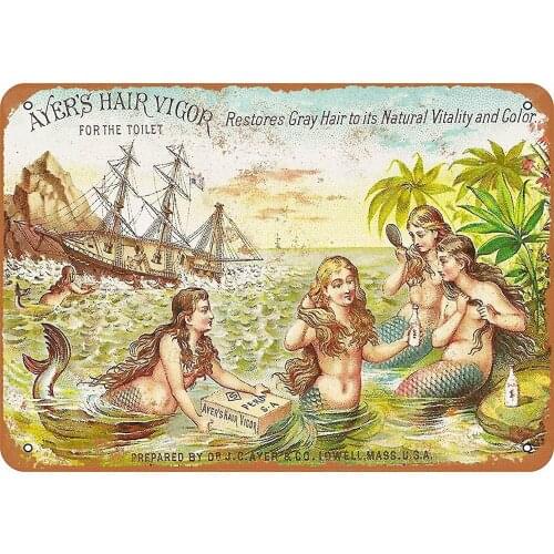 Metal Logo Hair Energetic and Leisurely Mermaid Family Restaurant Interior Wall Decoration Vintage Metal Plate 8x12 Inches