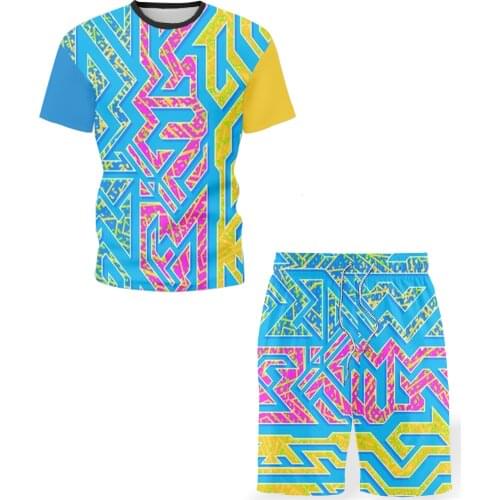 2021 summer mens sets 3D printing Harajuku personality street round neck T-shirt track and field leisure sports suit