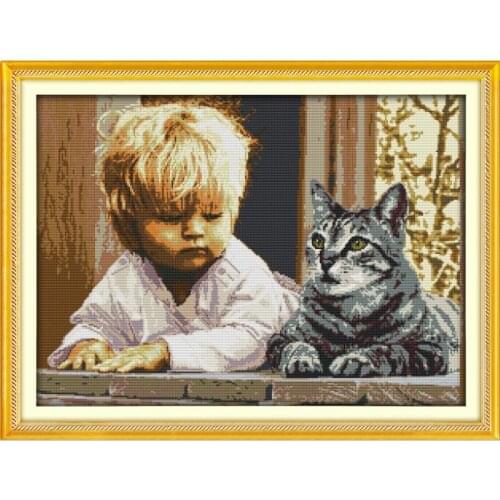 Joy Sunday The Boy and Cat Baby Room Decor Painting Counted Print on Canvas 11&14CT Cross Stitch Kits Embroidery Needlework Sets