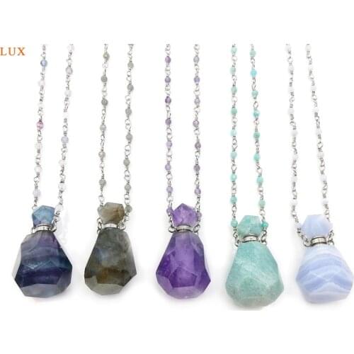 Natural Gems Bead chain perfume bottle Healthy diffuser Rose Quartzs Amethysts Vial Multi Kind Stone pendant for necklace