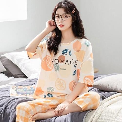 New Knitted Cotton Summer Short Sleeved Plus Size M-5XL Women Pajamas Set Korean Cute Lemon Print Womens Orange Plaid Sleepwear