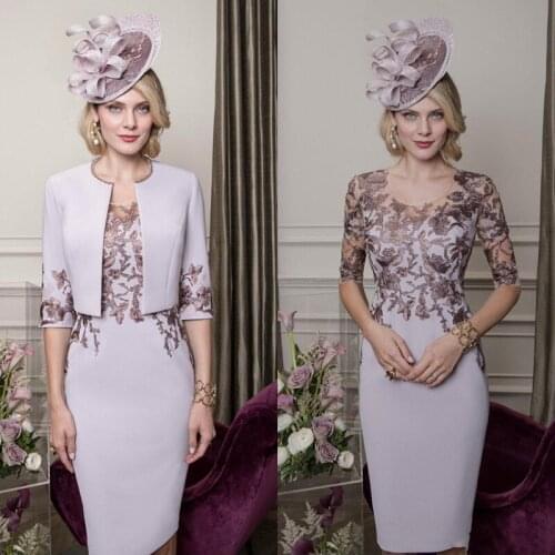 Lilac 2019 Mother of the Bride Dresses With Jacket Lace Applique Wedding Guest Gowns Half Long Sleeve Satin Mothers Groom Dresse