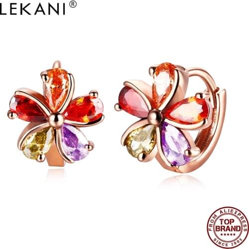 LEKANI Flower Shaped Five Color Creative Design Zircon Earring Rose Gold Stud Earrings For Women Wedding Anniversary Gift Jewelr