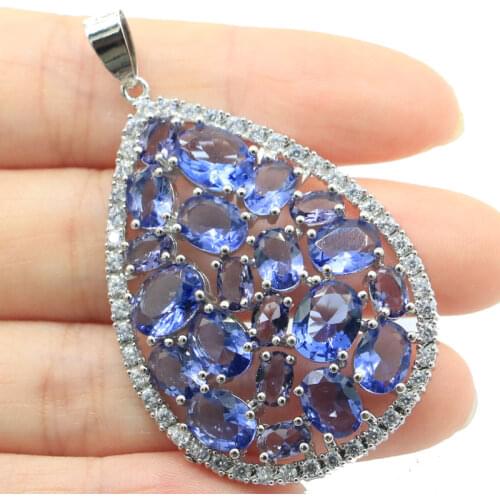 33x14mm Delicate Fine Cut Jewelry Set 18x13mm Created Aquamarine CZ Pink Tourmaline Silver Pendant Earrings Wholesale