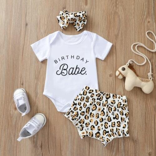 SUNSIOM 3Pcs Baby Girl Clothes Birthday Letter Outfits Short Sleeve Romper and Leopard Short Pants with Headband