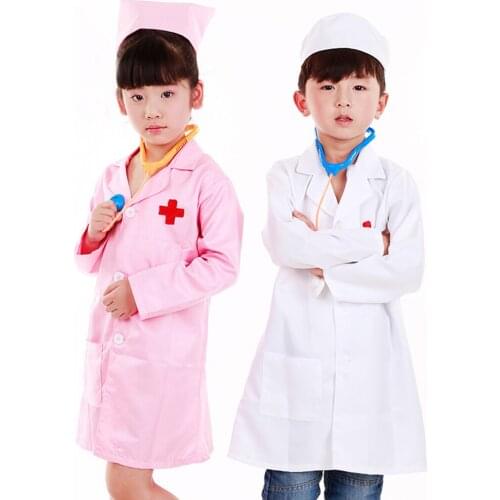 Kids Long Sleeve Doctors Uniform, Children Nurse Costume Lab Coat & Cap Pretend Play Dress Suit Set