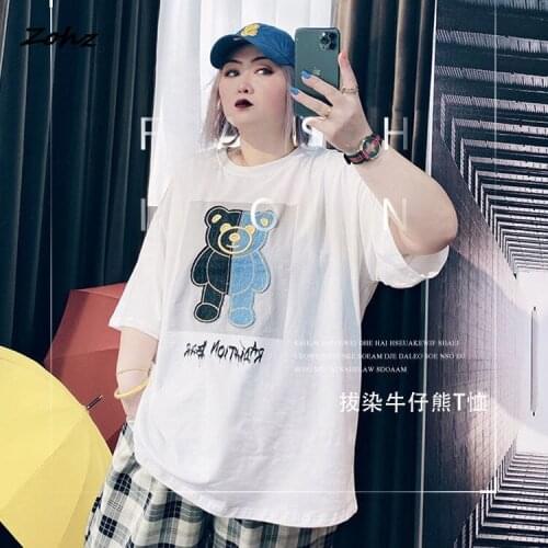 Extra large womens 40-150kg Cartoon Bear short sleeve T-shirt womens summer Black White loose top