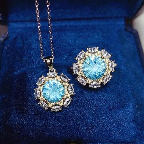 14k White Gold Silver Color Jewelry Sets Sea Blue Topaz Aquamarine Pendnat Necklaces Rings for Women Fireworks Accessories Gifts