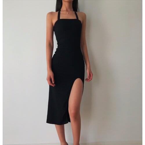 Obrix Preppy Style Female Black Dress Sleeveless Mid Calf Sheath Elegant Dress For Women