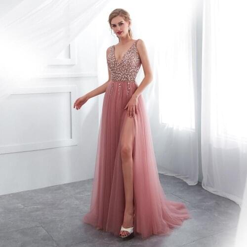 Beading Crystal Sequined Deep V Neck Evening Dresses Long Lace Backless Empire Split Formal Gowns robe de soirée de mariage