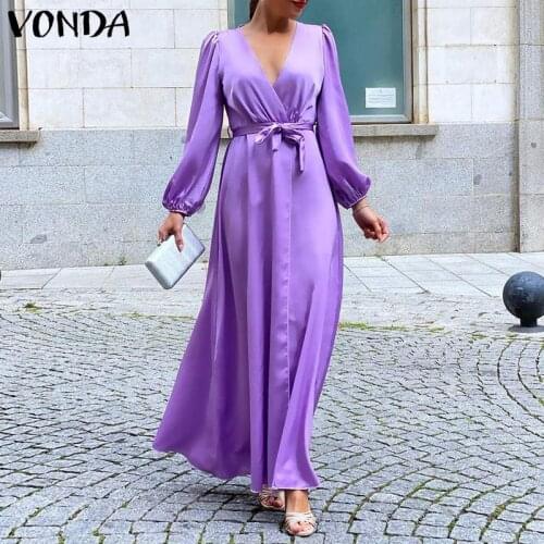 Maxi Dress Women Summer Sundress Vintage Long Sleeve Pleated Satin Dress 2021 VONDA Summer Bohemian Vestidos Robe Femme