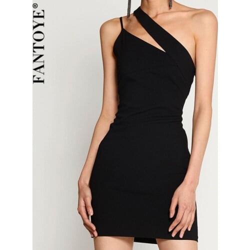 Fantoye Slant Shoulder Sexy Backless Women Dress Black Sleeveless Spaghetti Strap Dress Ladies Summer Skinny Fashion Streetwear